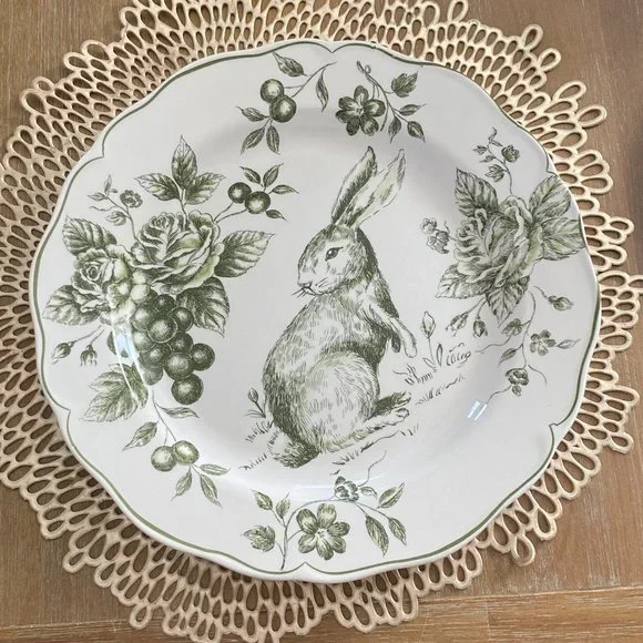 Maxcera Easter Bunny Rabbit Green White Toile Dinner Plates ~New ~Set of 2 - Picture 2 of 7